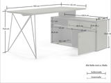Winkelschreibtisch mit Kommode, Seitenansicht, Maße: 160 cm Breite, 74,8 cm Höhe, 65 cm Tiefe, mit Schubladen und Schranktüren.