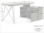 Winkelschreibtisch mit Kommode, Seitenansicht, Maße: 160 cm Breite, 74,8 cm Höhe, 65 cm Tiefe, mit Schubladen und Schranktüren.