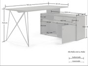 Winkelschreibtisch mit Kommode, Seitenansicht, Maße: 160 cm Breite, 74,8 cm Höhe, 65 cm Tiefe, mit Schubladen und Schranktüren.