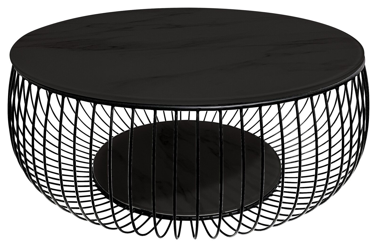 Novel Couchtisch BOWL Runder Couchtisch mit schwarzer Tischplatte und modernem Drahtgestell, seitliche Perspektive