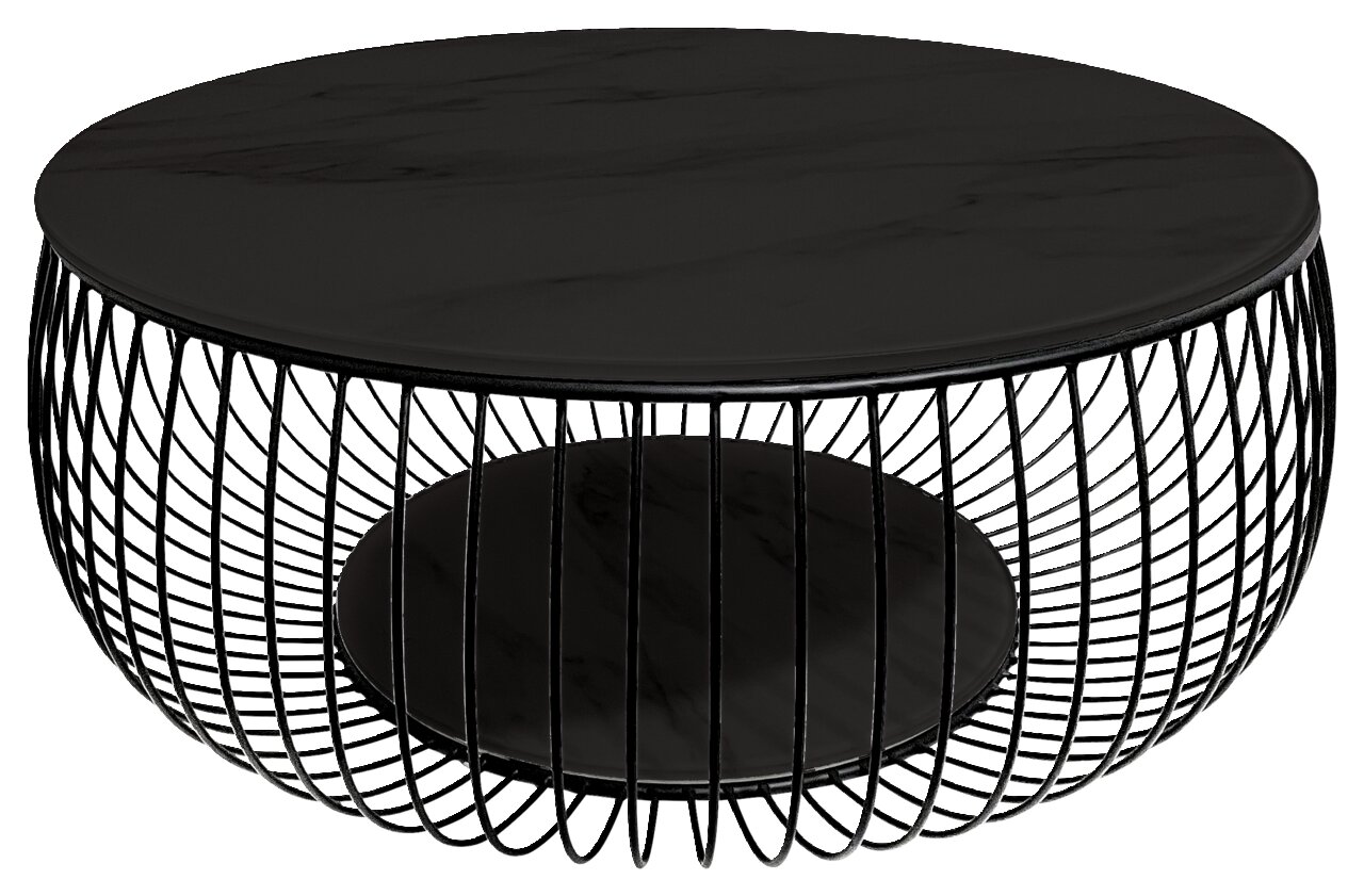 Novel Salontafel BOWL Runder Couchtisch mit schwarzer Tischplatte und modernem Drahtgestell, seitliche Perspektive