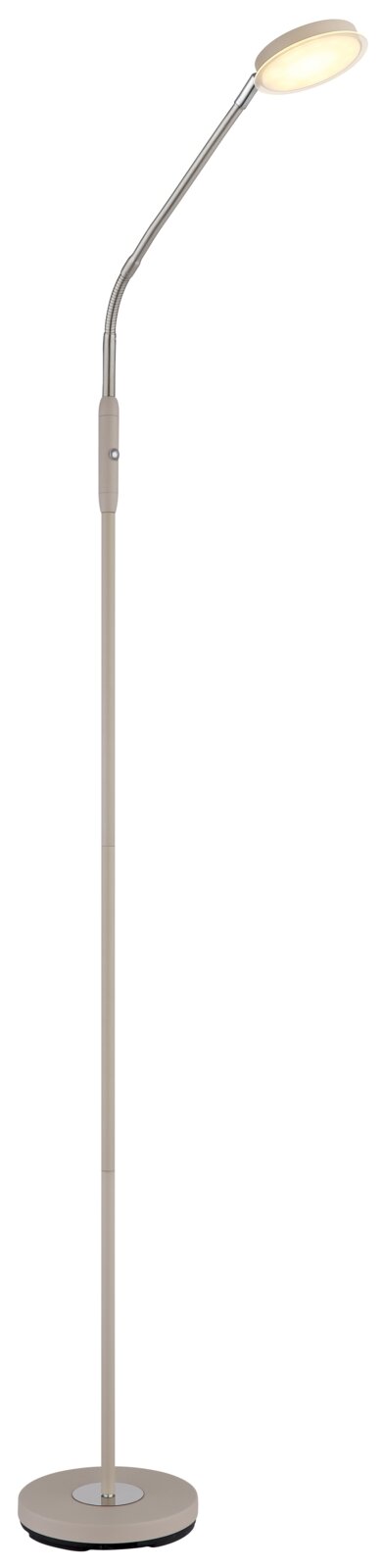 Beige LED-Stehleuchte mit rundem Standfuß, schlankem Stab und flexiblem Schwanenhals sowie ovalem Leuchtenkopf, warmweiß leuchtend, freigestellt auf weißem Hintergrund, Frontansicht