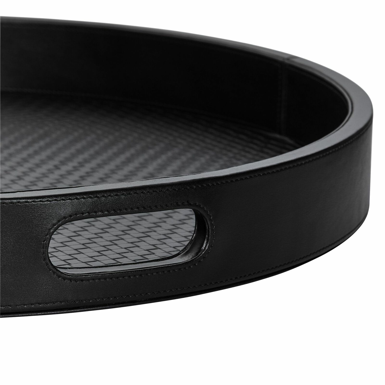 JOOP! Rundes Tablett groß DINING GLAMOUR Schwarzes rundes Tablett mit geflochtenem Muster und Grifföffnung, seitliche Perspektive