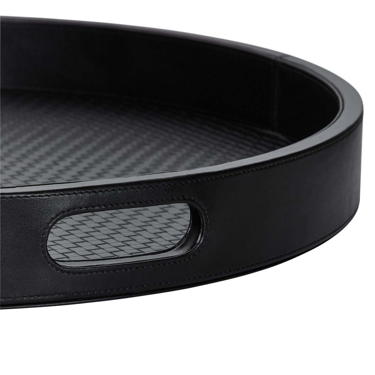 JOOP! Rundes Tablett groß DINING GLAMOUR Schwarzes rundes Tablett mit geflochtenem Muster und Grifföffnung, seitliche Perspektive