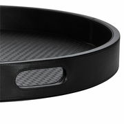Schwarzes rundes Tablett mit geflochtenem Muster und Grifföffnung, seitliche Perspektive