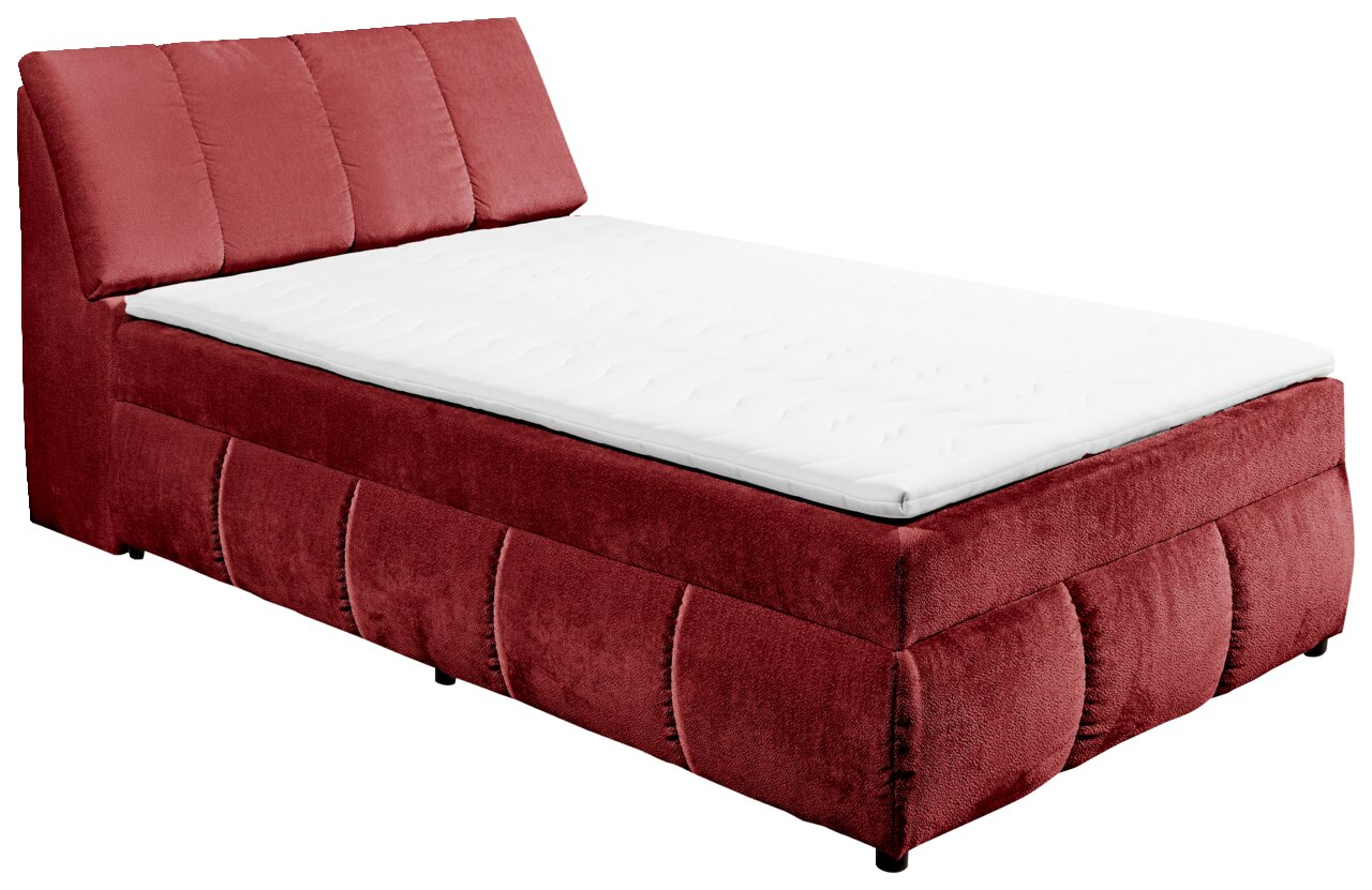 Rood boxspringbed met gestoffeerd hoofdeinde, zijaanzicht