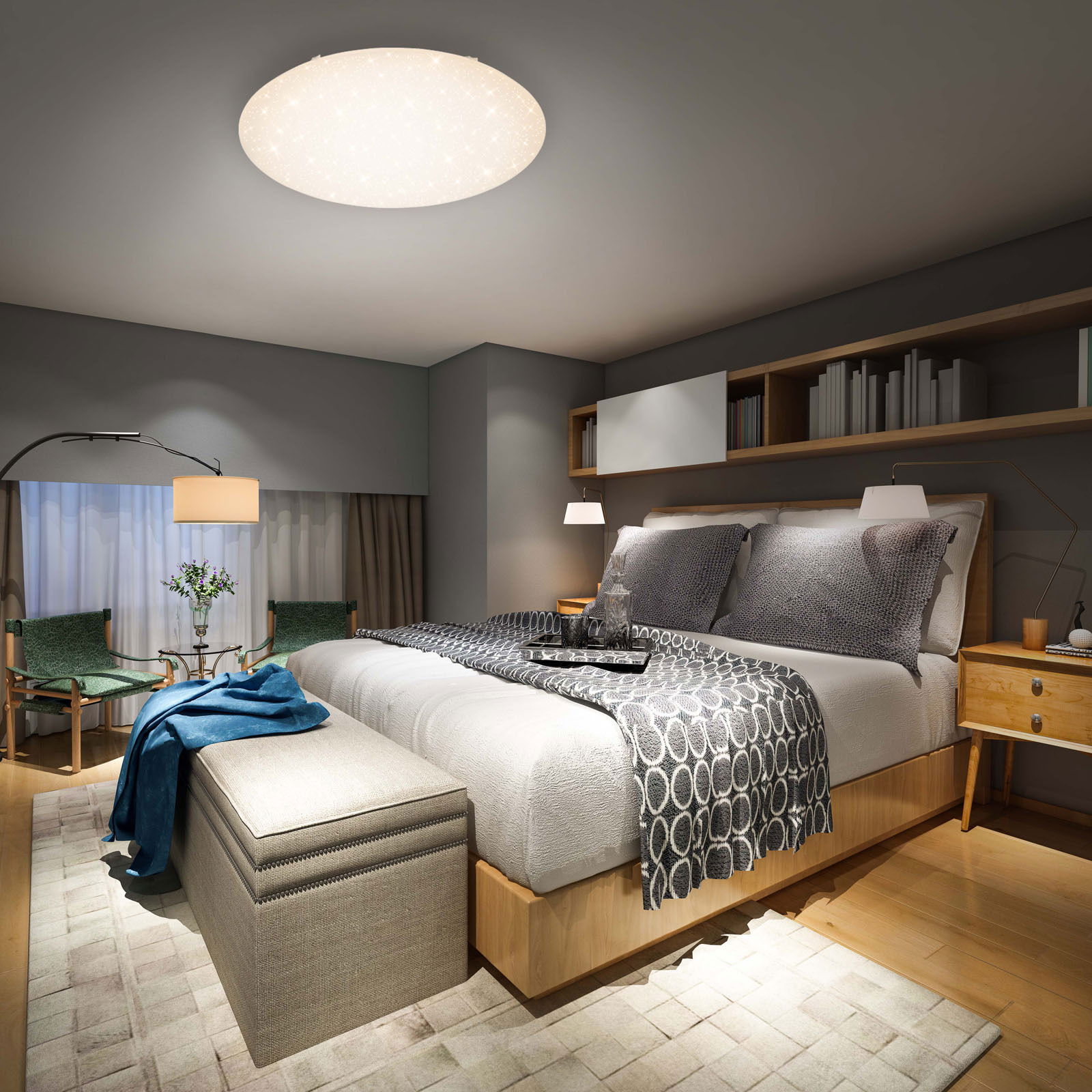 Moderne LED-Deckenleuchte in einem stilvollen Schlafzimmer, von unten betrachtet.