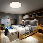 Moderne LED-Deckenleuchte in einem stilvollen Schlafzimmer, von unten betrachtet.