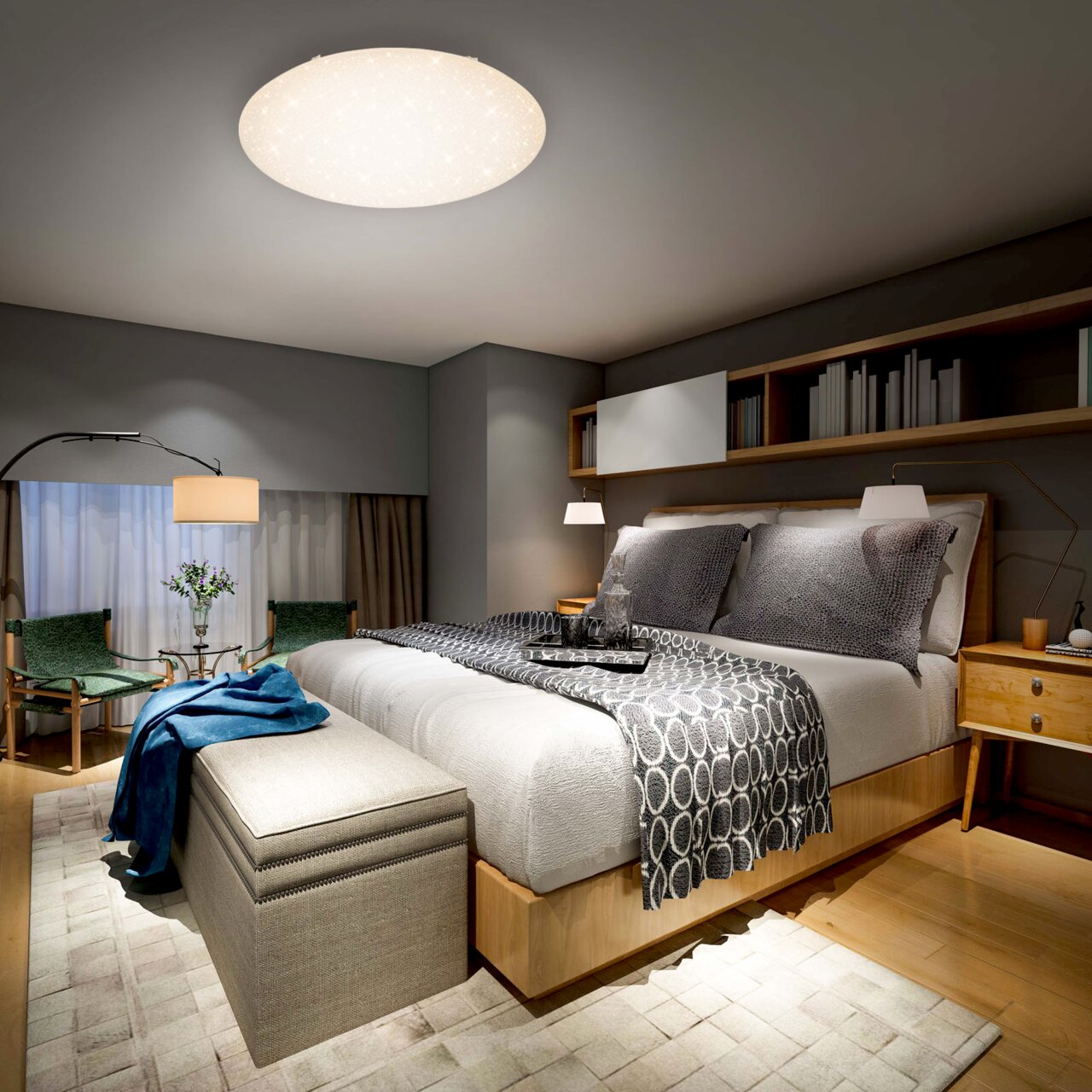 Moderne LED-Deckenleuchte in einem stilvollen Schlafzimmer, von unten betrachtet.