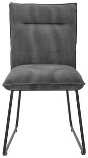 Grauer Stuhl mit geripptem Stoffbezug und schwarzem Metallgestell, Frontalansicht