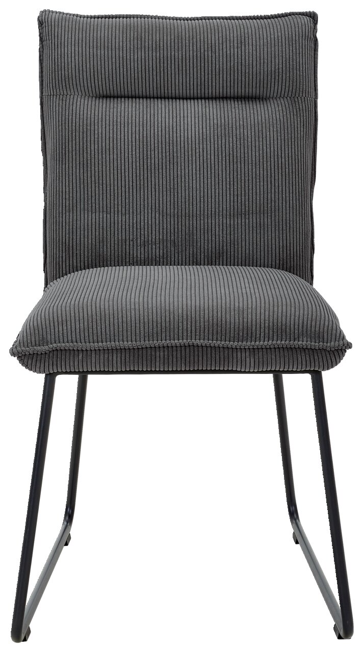 Grauer Stuhl mit geripptem Stoffbezug und schwarzem Metallgestell, Frontalansicht