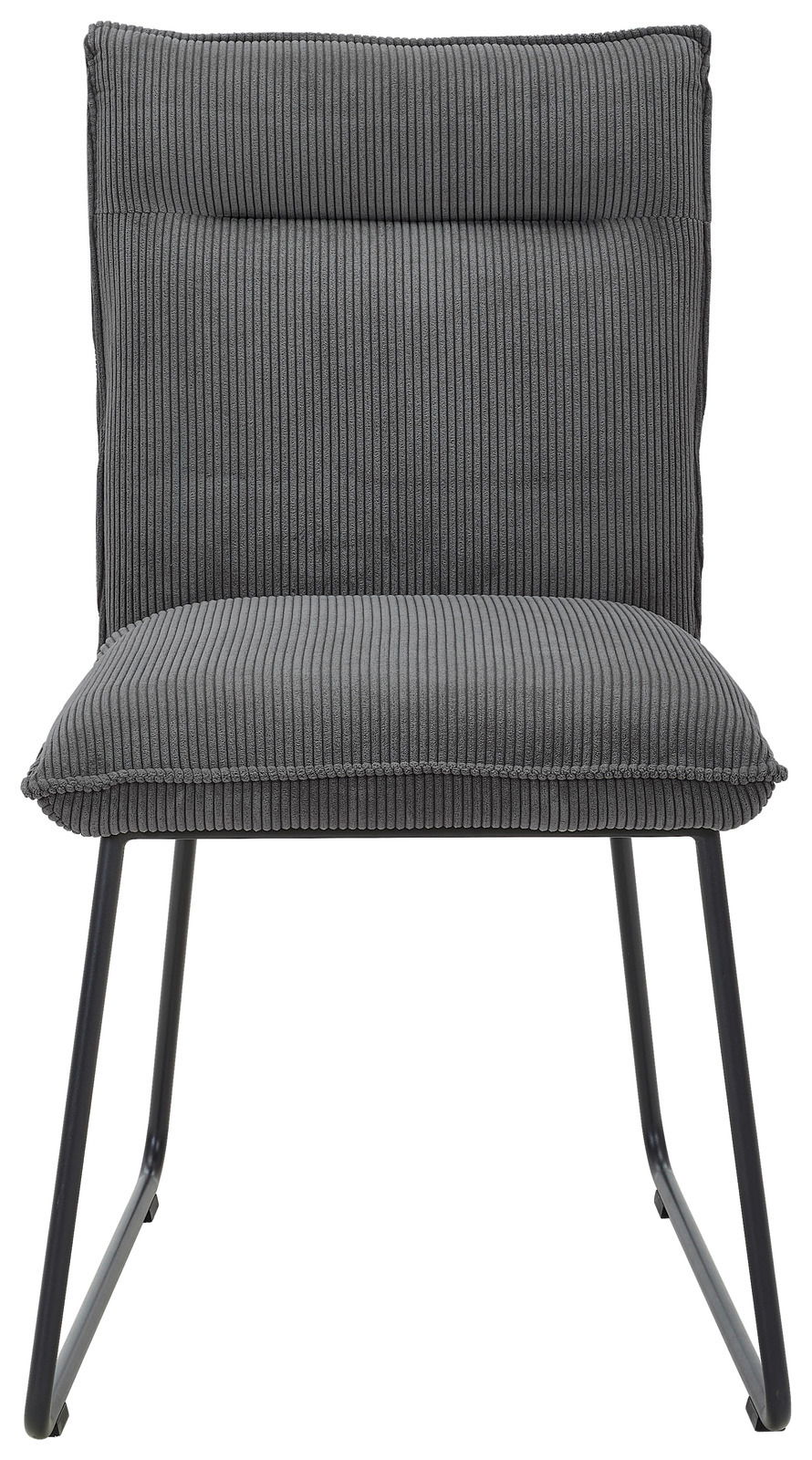 Grauer Stuhl mit geripptem Stoffbezug und schwarzem Metallgestell, Frontalansicht