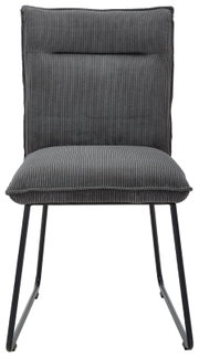Grijze stoel met geribbelde stoffen bekleding en zwart metalen frame, vooraanzicht