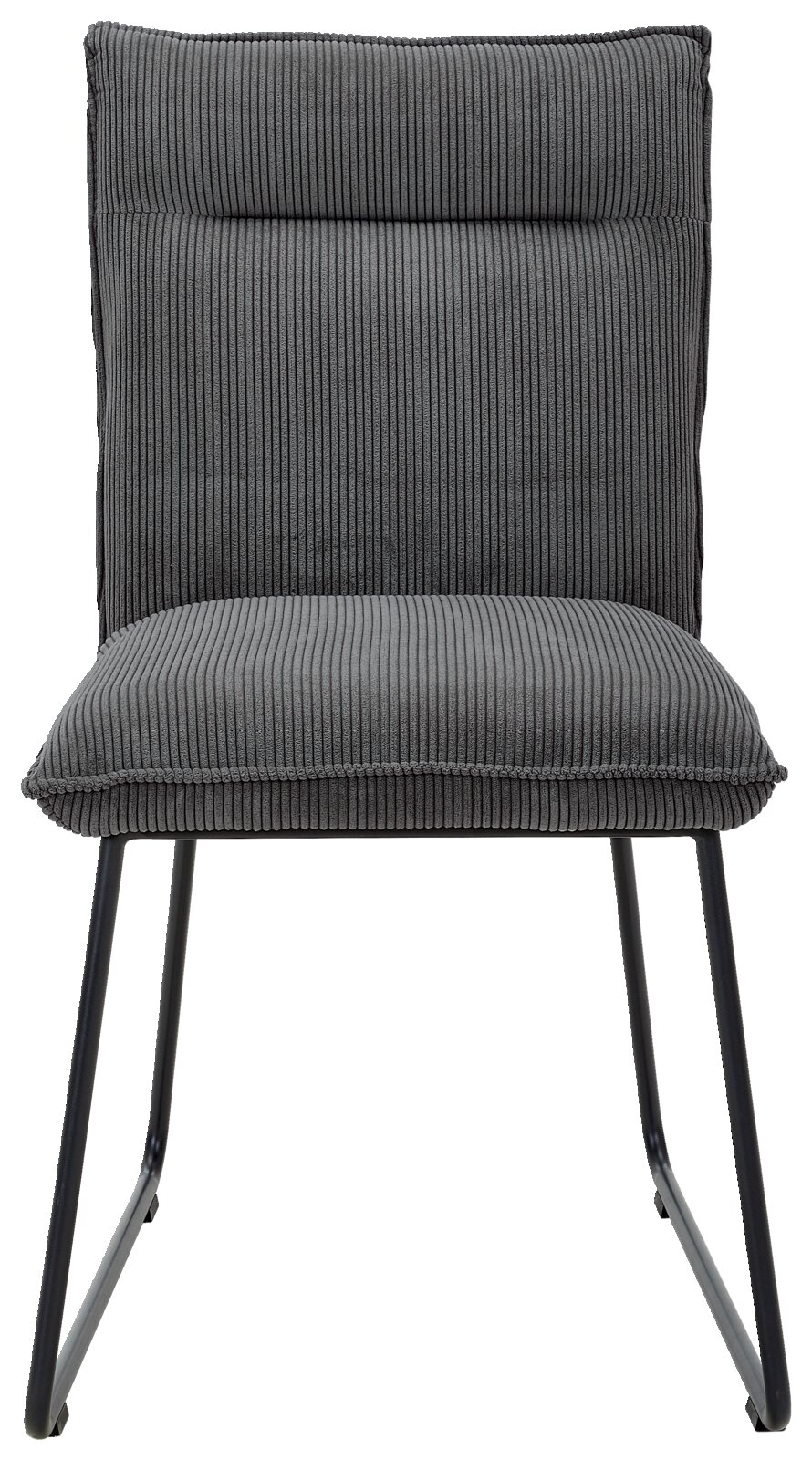 Grijze stoel met geribbelde stoffen bekleding en zwart metalen frame, vooraanzicht