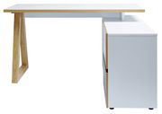 Moderner Eck-Schreibtisch mit weißer Oberfläche und Holzdetails, seitliche Perspektive
