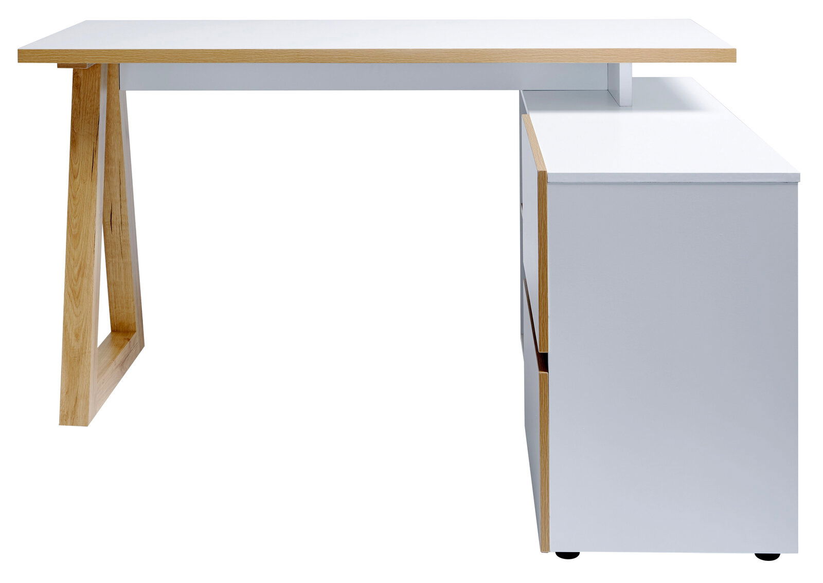 Moderner Eck-Schreibtisch mit weißer Oberfläche und Holzdetails, seitliche Perspektive