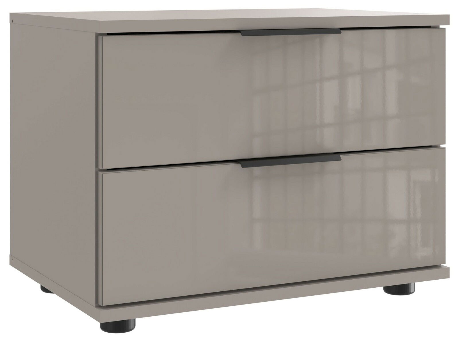 Moderne Nachtkommode mit zwei Schubladen in Hochglanzoptik, seitliche Perspektive