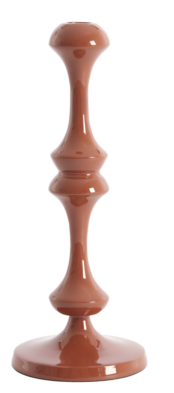 Kerzenständer aus braunem, glänzendem Material in einer eleganten, geschwungenen Form, frontal fotografiert.