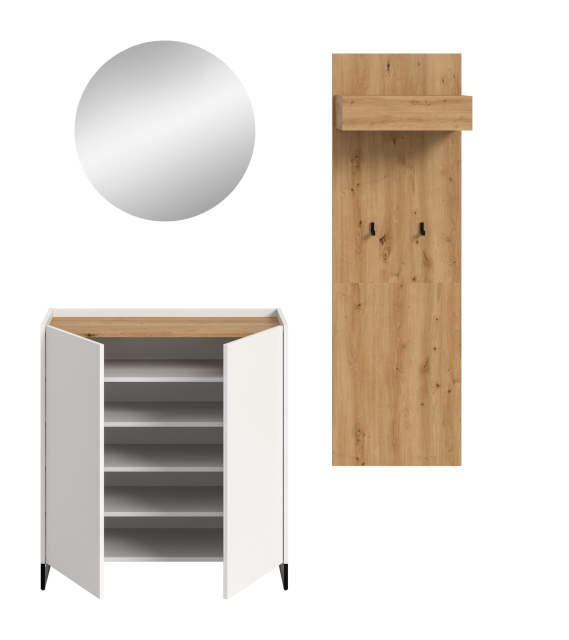 Garderoben-Set mit rundem Wandspiegel, weißem Schuhschrank mit geöffneter Doppeltür und Holzdeckplatte sowie Holz-Garderobenpaneel mit Ablage und schwarzen Haken, frontale Ansicht