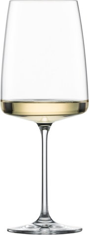 Weinglas kraftvoll & würzig, gefüllt mit Weißwein, in Frontalansicht.