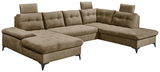 Braunes Ecksofa in U-Form mit verstellbaren Kopfstützen, perspektivisch von vorne links betrachtet.