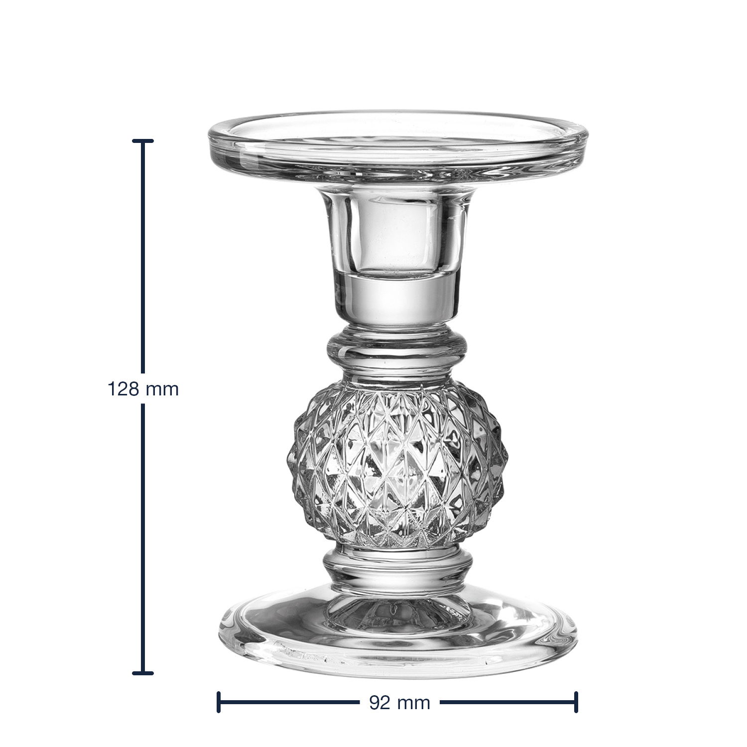 Glasleuchter mit dekorativem Muster, Seitenansicht, Höhe 128 mm, Durchmesser 92 mm