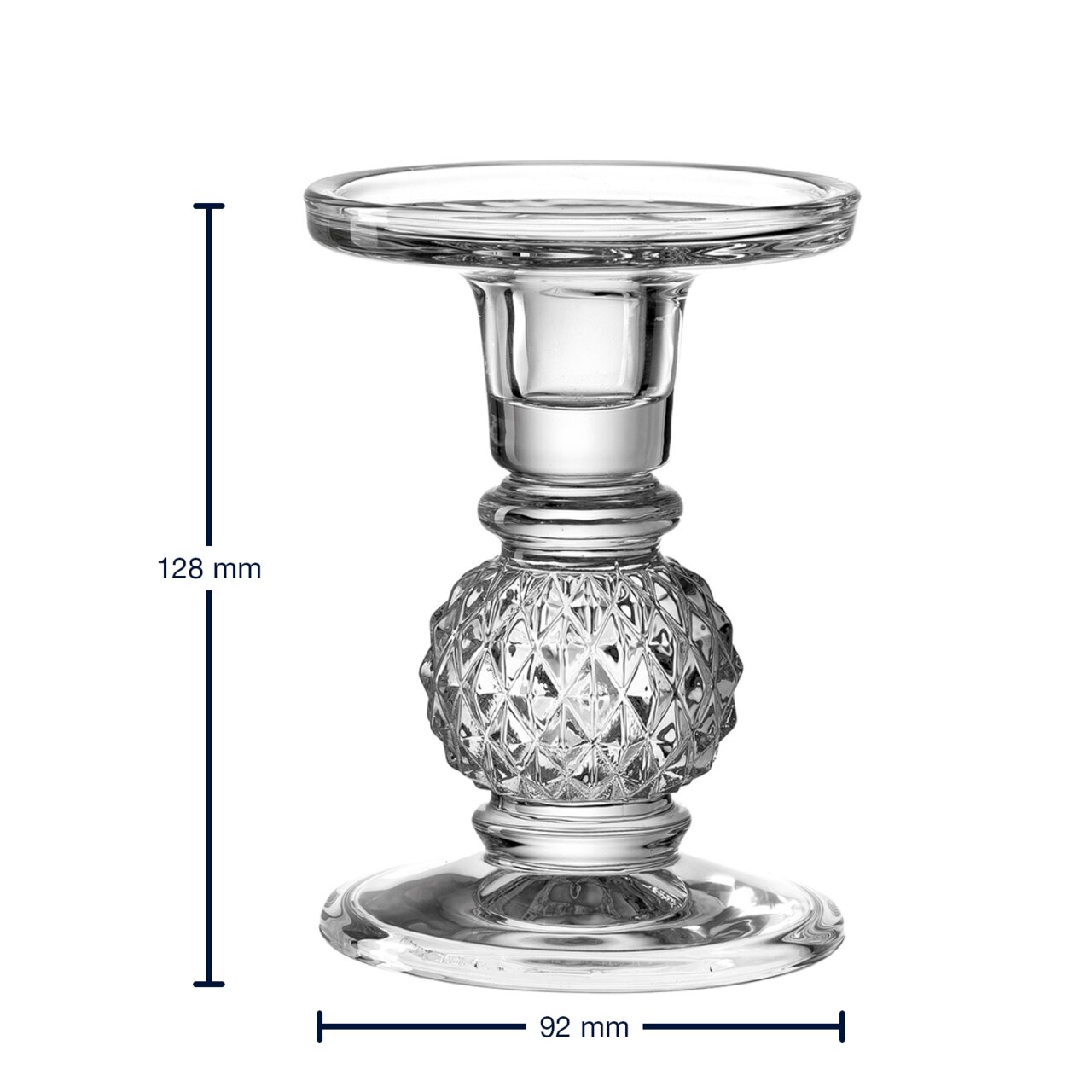 Glazen kandelaar met decoratief patroon, zijaanzicht, hoogte 128 mm, diameter 92 mm