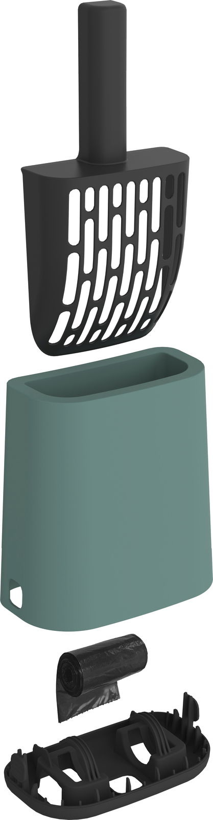 Katzenstreu Reinigungsset bestehend aus einer schwarzen Schaufel mit Griff, einem grünen Behälter, einer Rolle Müllbeutel und einer schwarzen Basis, seitliche Perspektive