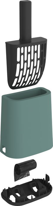 Katzenstreu Reinigungsset bestehend aus einer schwarzen Schaufel mit Griff, einem grünen Behälter, einer Rolle Müllbeutel und einer schwarzen Basis, seitliche Perspektive