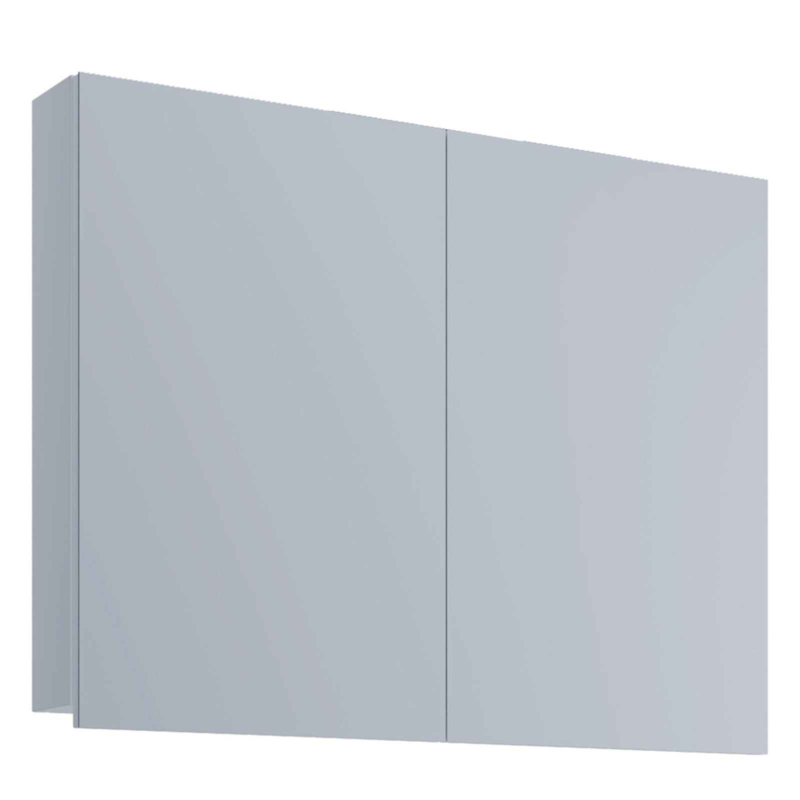 VCM Spiegelschrank BADINOS Hellgrauer, minimalistischer Wandschrank mit glatten Fronten, in schräger Vorderansicht (leicht von links) freigestellt auf weißem Hintergrund