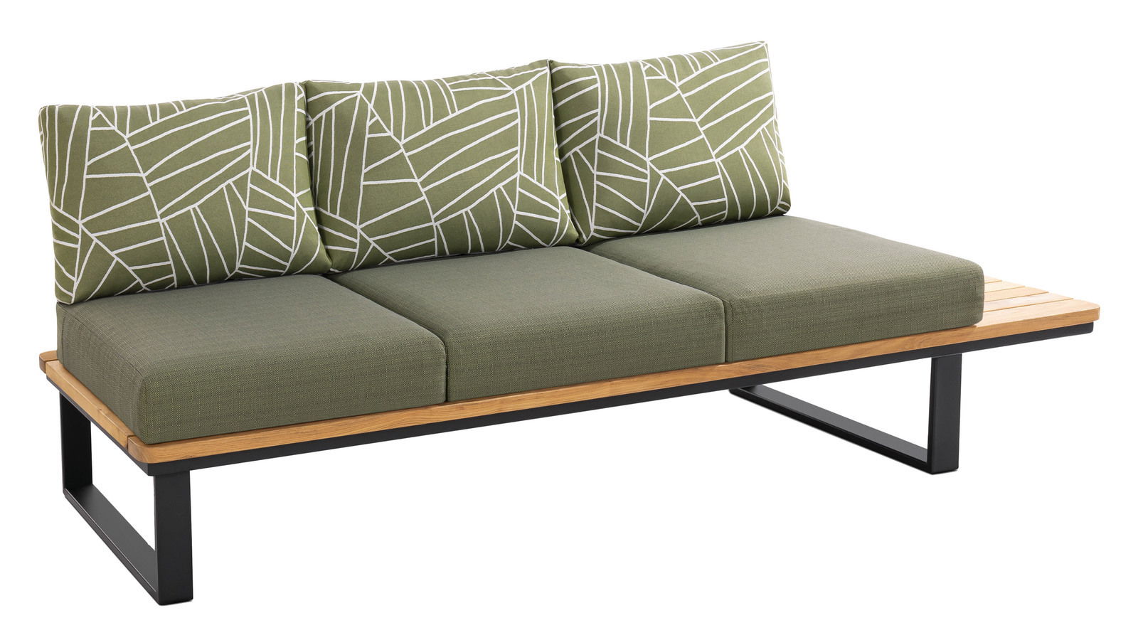 Grüne 3-Sitzer-Lounge mit gemusterten Rückenkissen, seitliche Perspektive