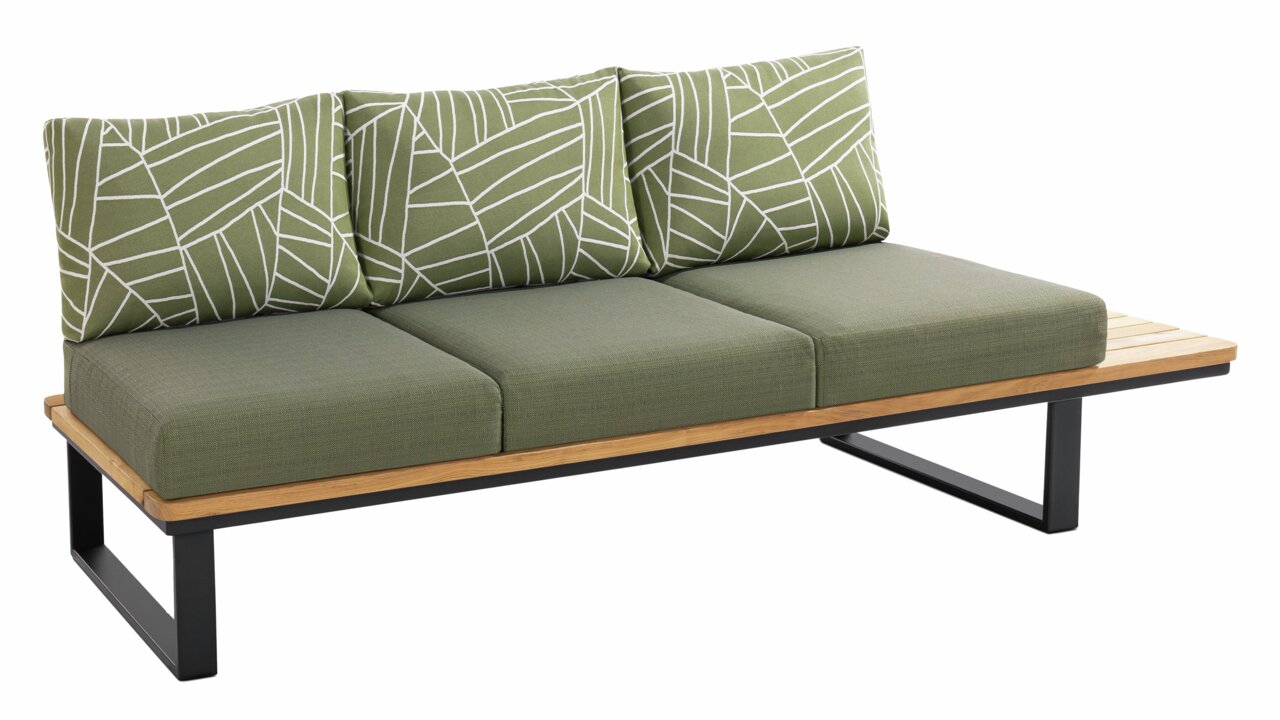 Grüne 3-Sitzer-Lounge mit gemusterten Rückenkissen, seitliche Perspektive