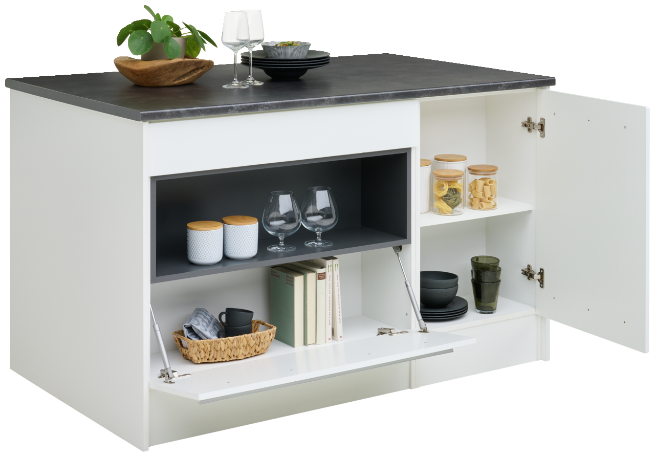 Kücheninsel mit offener Tür, Regalen und Dekorationen, seitliche Perspektive