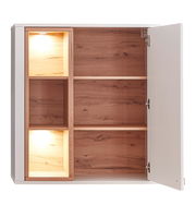 Hängevitrine mit offener Tür, Holzoptik innen, zwei beleuchtete Fächer links, Frontalansicht