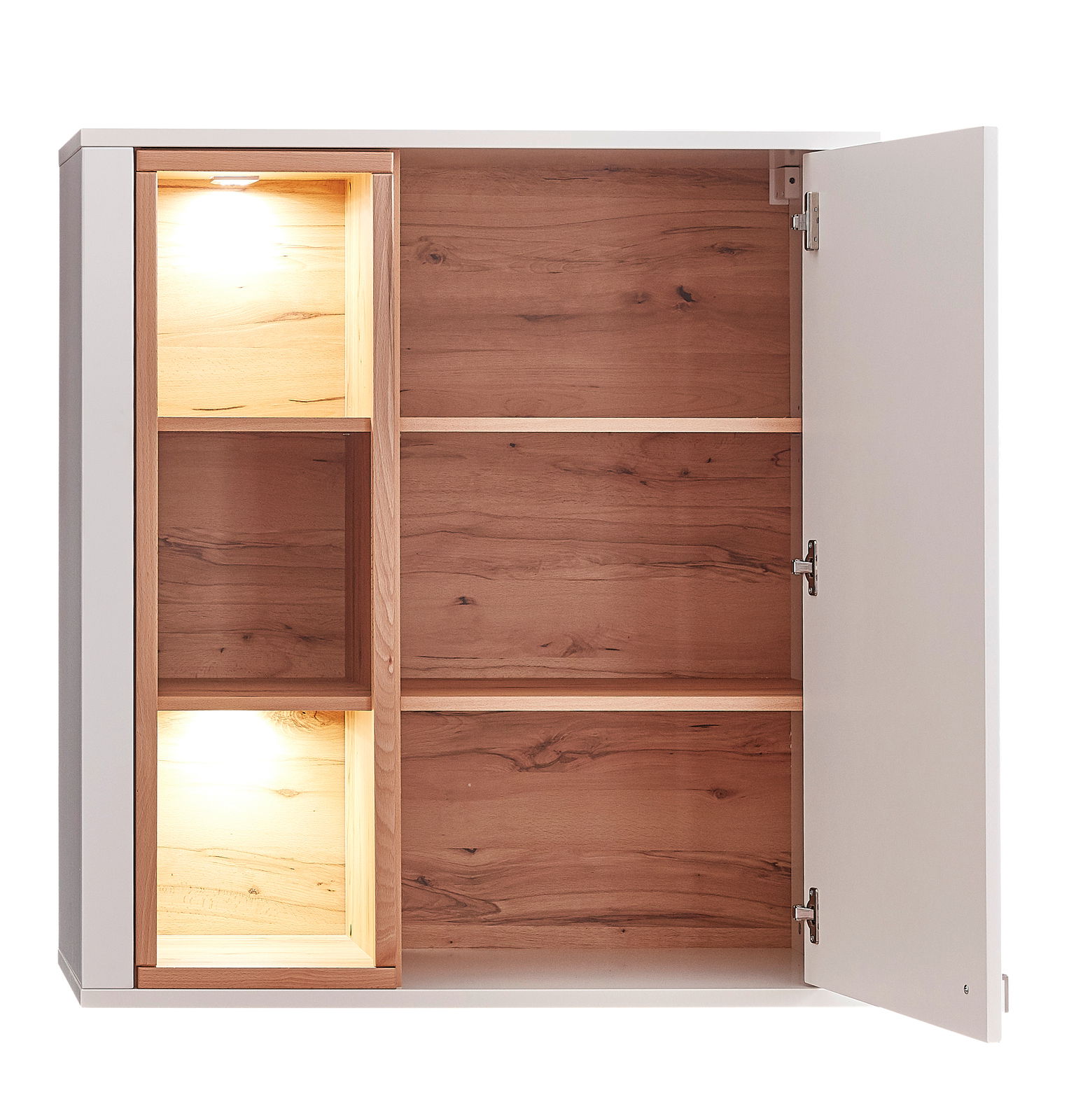 Hängevitrine mit offener Tür, Holzoptik innen, zwei beleuchtete Fächer links, Frontalansicht