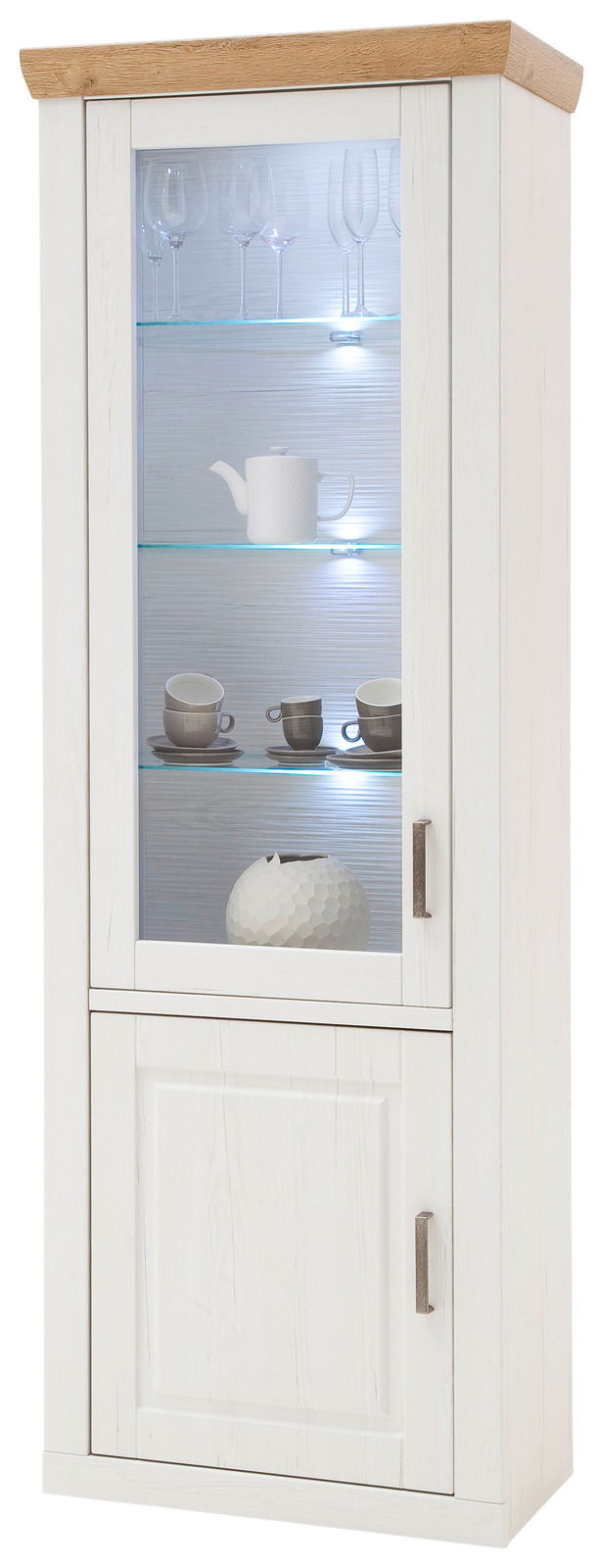 Weiße Vitrine mit Glastür, beleuchteten Glasböden und Holzoberfläche, frontal betrachtet.