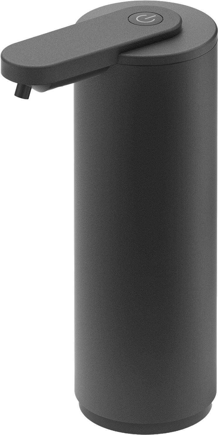 Schwarzer elektrischer Seifenspender mit Auslauf und Ein-/Aus-Taste, perspektivische Ansicht schräg von oben