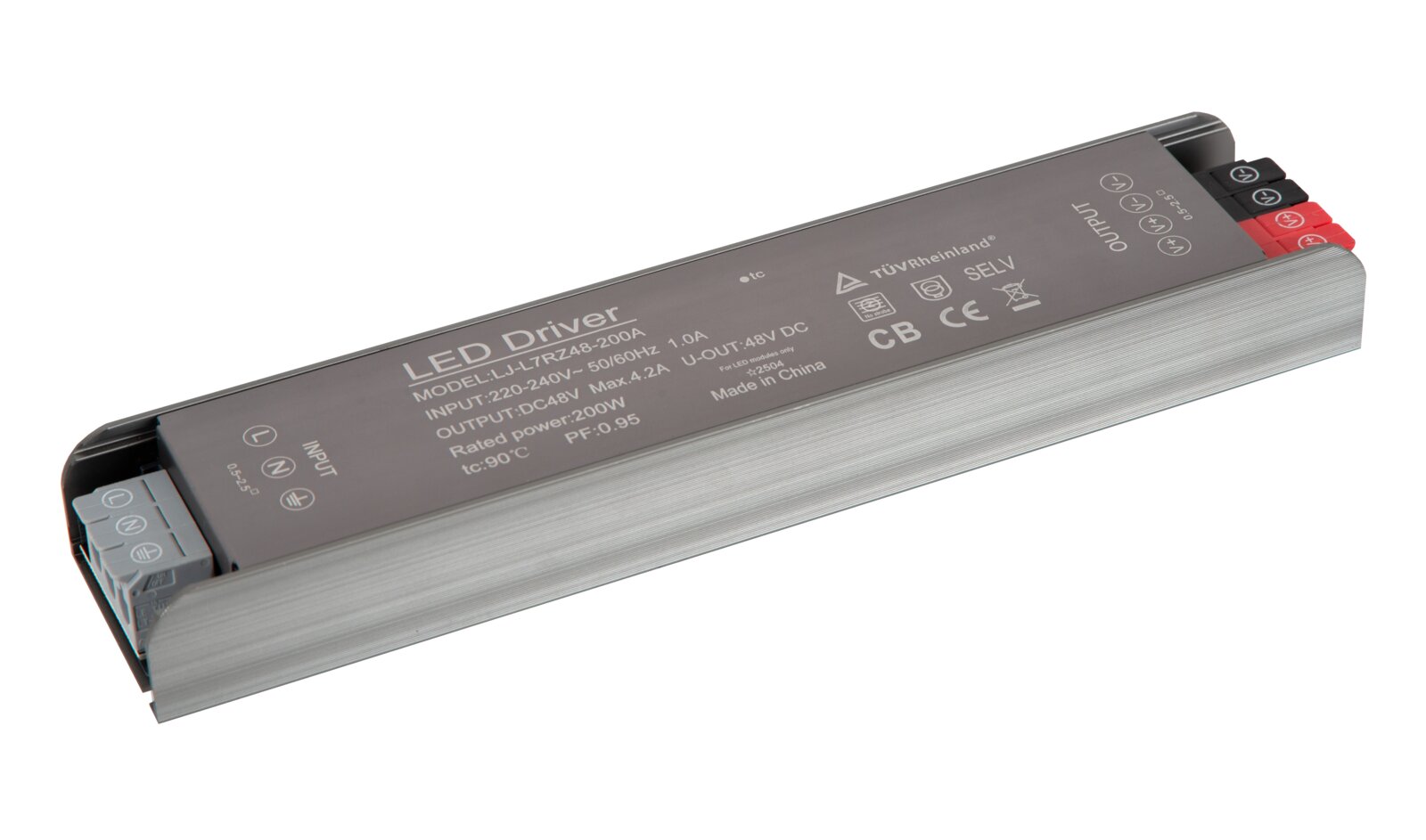 LED-Treiber/Netzteil 200W (Modell LJ-LT7Z48-200A) im silbernen Aluminiumgehäuse mit Schraubklemmen, schräg von oben in 3/4-Perspektive auf weißem Hintergrund