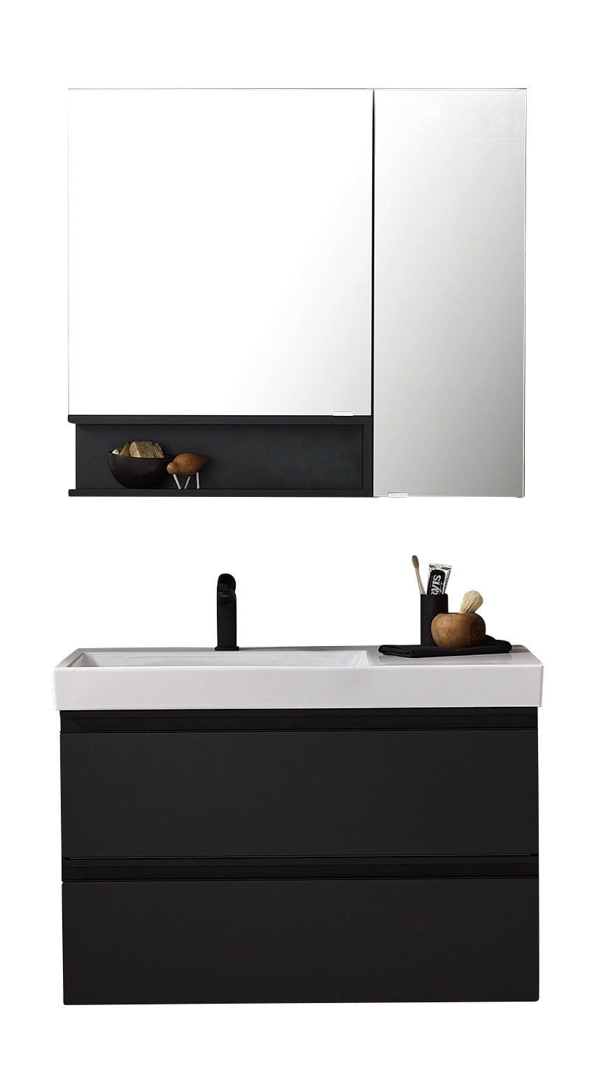 Novel Badkombination NV.074 Moderne Badkombination mit schwarzem Unterschrank und weißem Waschbecken, inklusive Spiegel und Ablage, Frontalansicht.