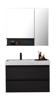 Moderne Badkombination mit schwarzem Unterschrank und weißem Waschbecken, inklusive Spiegel und Ablage, Frontalansicht.