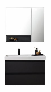 Moderne Badkombination mit schwarzem Unterschrank und weißem Waschbecken, inklusive Spiegel und Ablage, Frontalansicht.