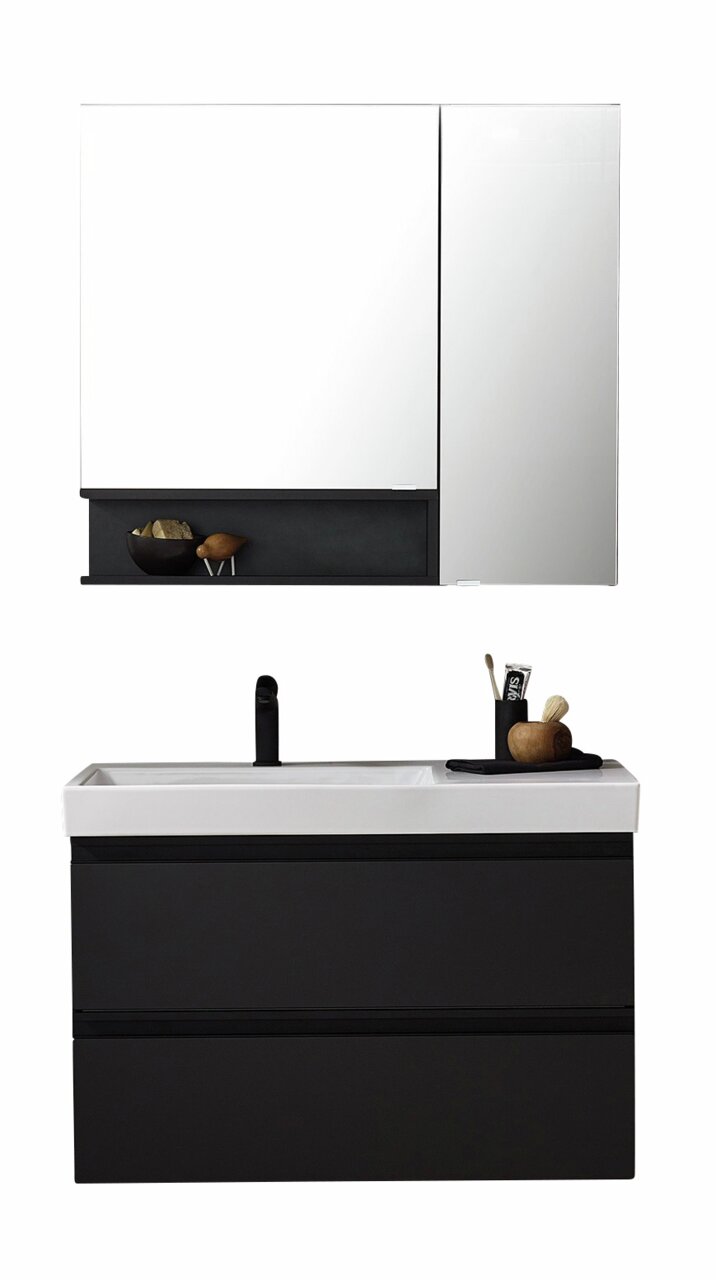 Moderne Badkombination mit schwarzem Unterschrank und weißem Waschbecken, inklusive Spiegel und Ablage, Frontalansicht.
