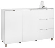 Wit dressoir met twee deuren en drie lades, gezien vanaf de zijkant, versierd met vazen op het blad.