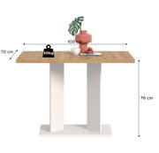 Rechteckiger Esstisch mit Holzoptik-Tischplatte und weißem Kreuzfußgestell, Maße ca. 100 x 70 cm, Höhe 76 cm, belastbar bis 30 kg, Ansicht von vorne in leicht erhöhter Perspektive.