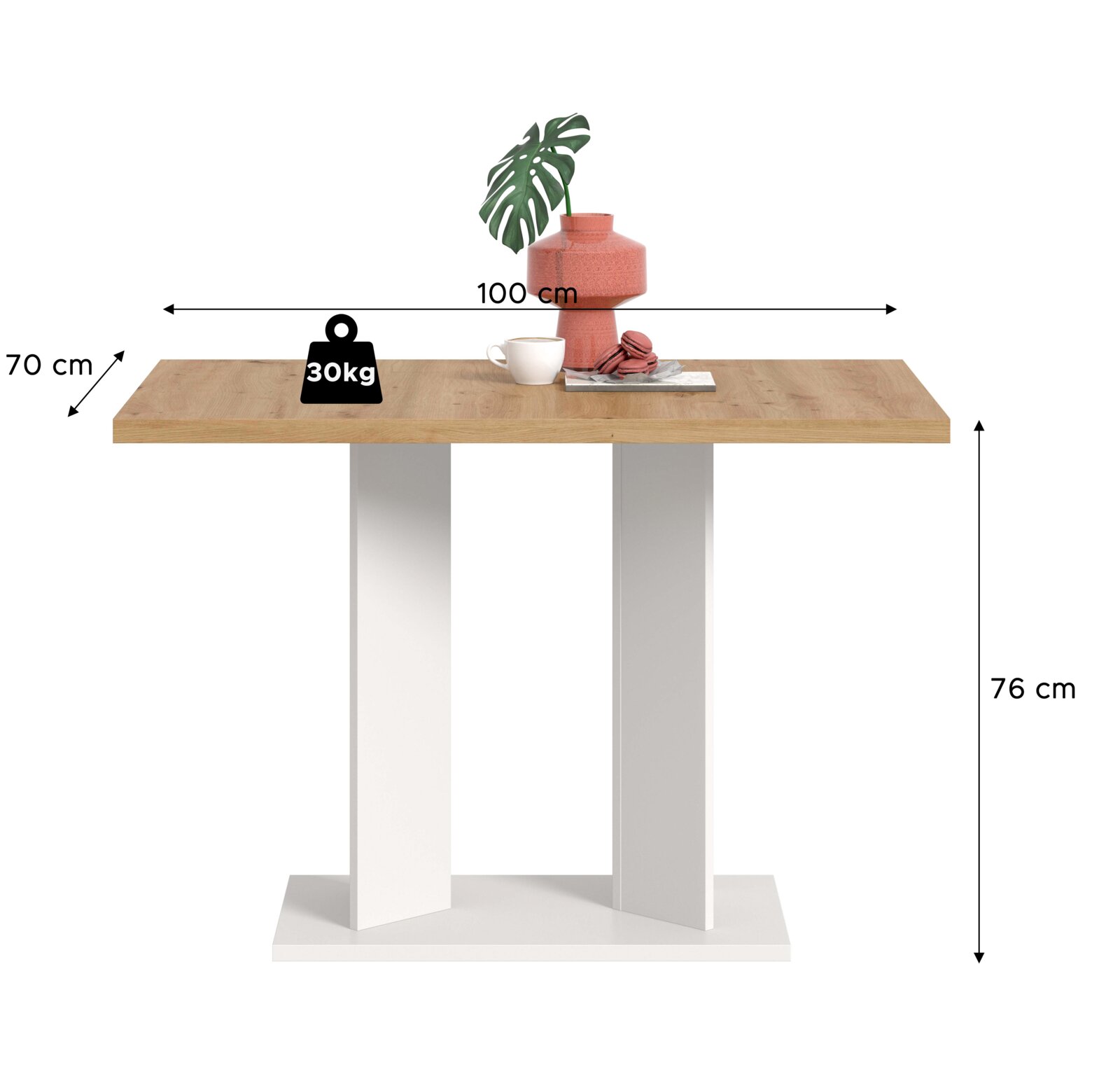 Rechteckiger Esstisch mit Holzoptik-Tischplatte und weißem Kreuzfußgestell, Maße ca. 100 x 70 cm, Höhe 76 cm, belastbar bis 30 kg, Ansicht von vorne in leicht erhöhter Perspektive.