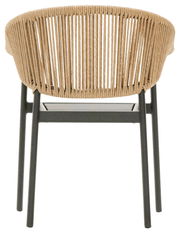 Rückansicht eines Gartensessels mit geflochtener Rückenlehne und Metallrahmen