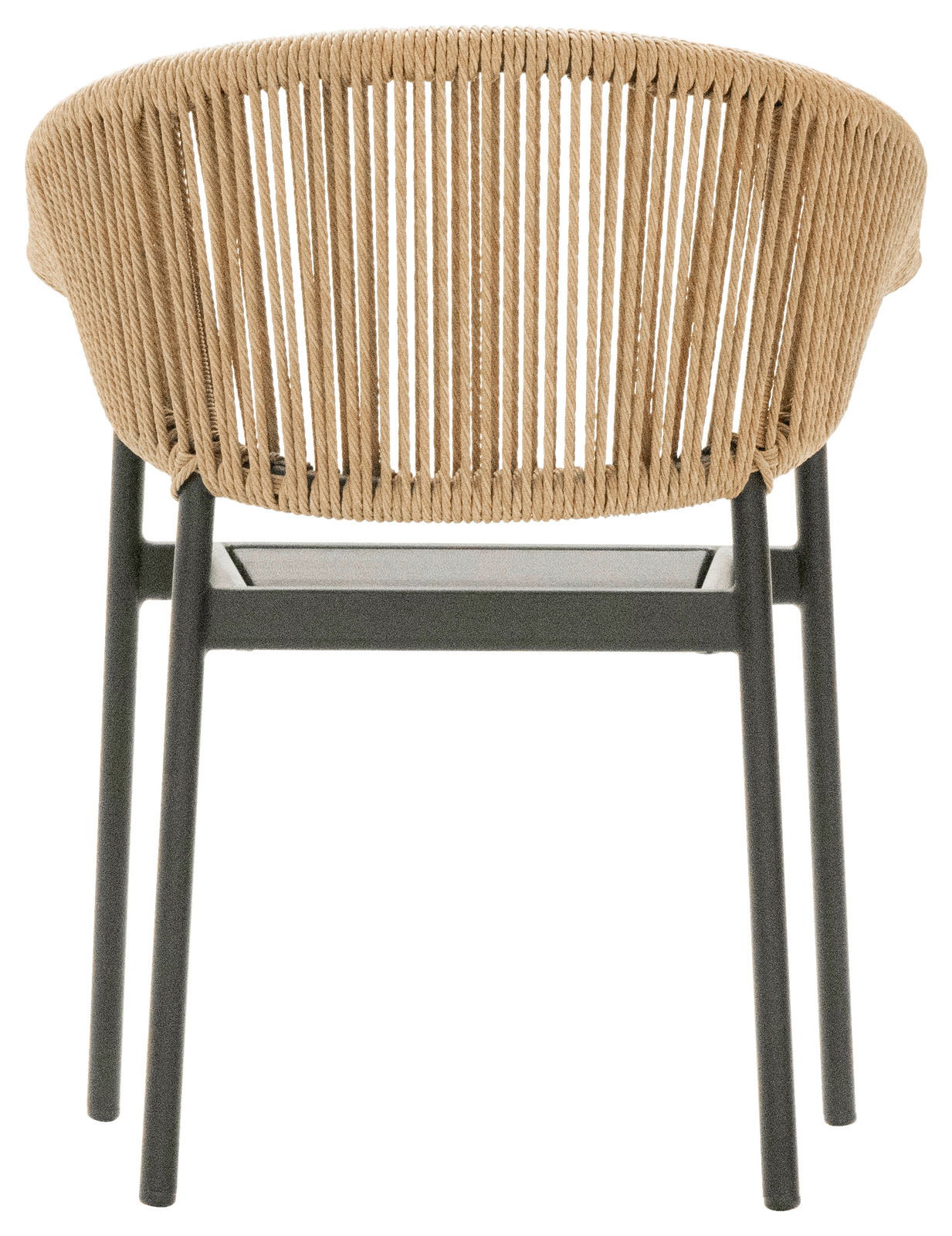 Rückansicht eines Gartensessels mit geflochtener Rückenlehne und Metallrahmen