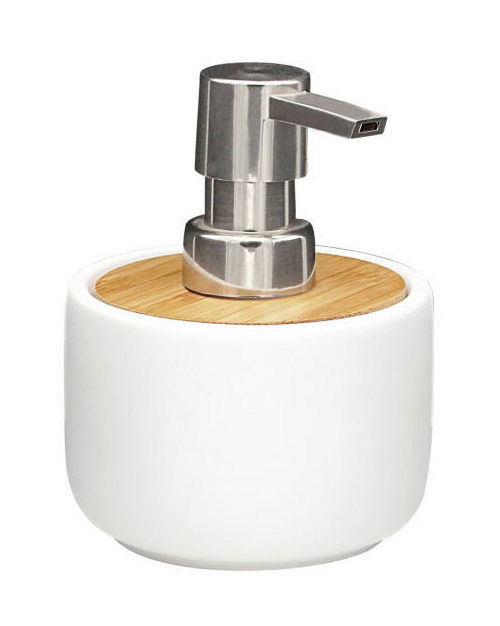 Zurbrüggen Seifenspender MARLENE Moderner Seifenspender aus weißer Keramik mit Edelstahlpumpe und Bambusdeckel, seitliche Perspektive