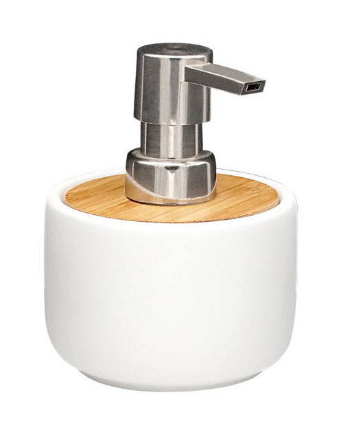 Moderner Seifenspender aus weißer Keramik mit Edelstahlpumpe und Bambusdeckel, seitliche Perspektive