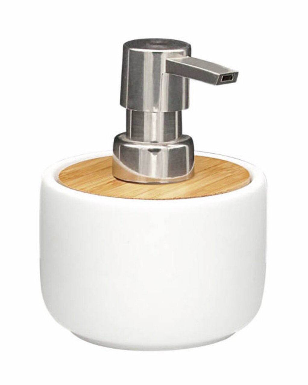 Moderner Seifenspender aus weißer Keramik mit Edelstahlpumpe und Bambusdeckel, seitliche Perspektive